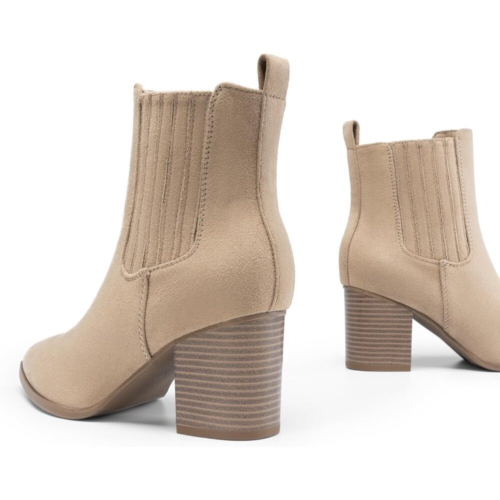 Women's Nude Pointed Toe Ankle Boots Chunky Block Heel Bootie Fall - Picture 6 of 8